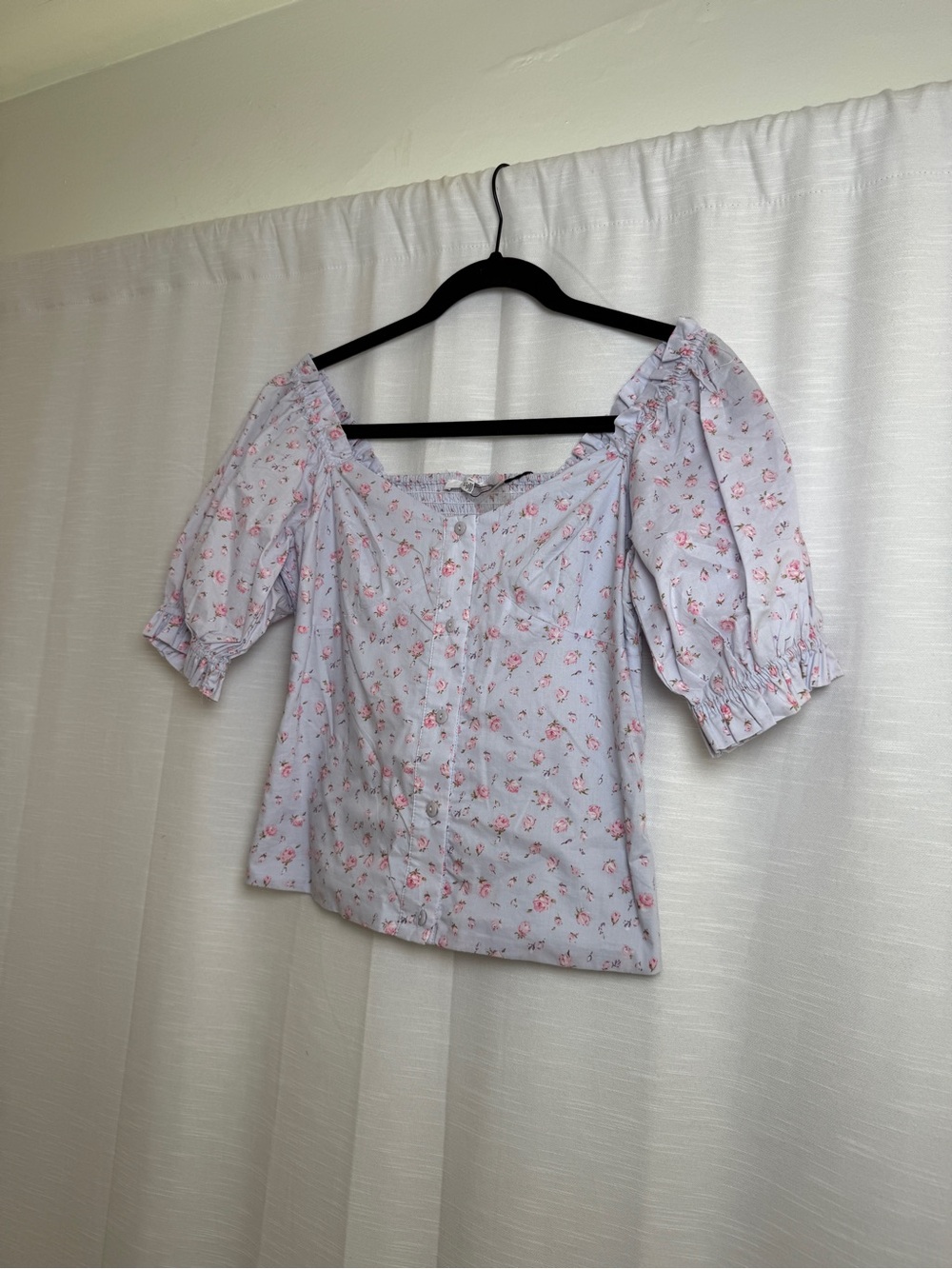 Lucca Los Angeles Blue Pink Floral Puff Sleeve Top Cottagecore | NWT Size XS - Picture 5 of 13